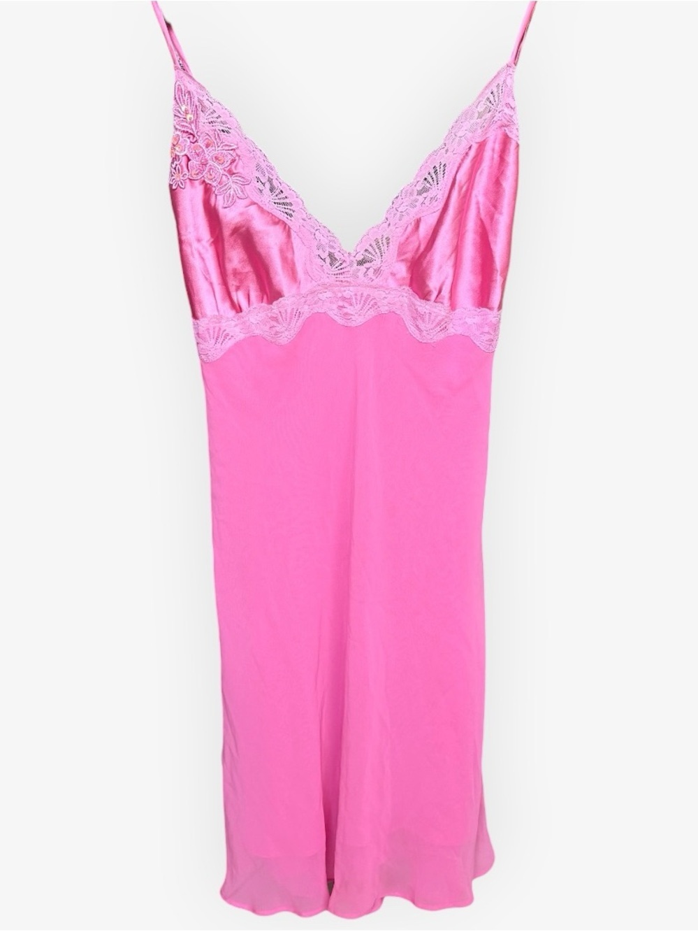California Dynasty Pink Satin Lace Slip Dress Nightie Sequin Beaded Y2K 90s XL